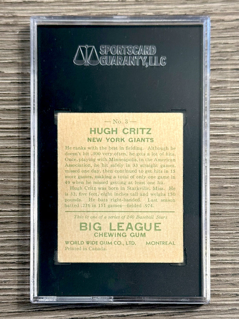 1933 World Wide Gum #3 Hugh Critz (Giants) - SGC 5