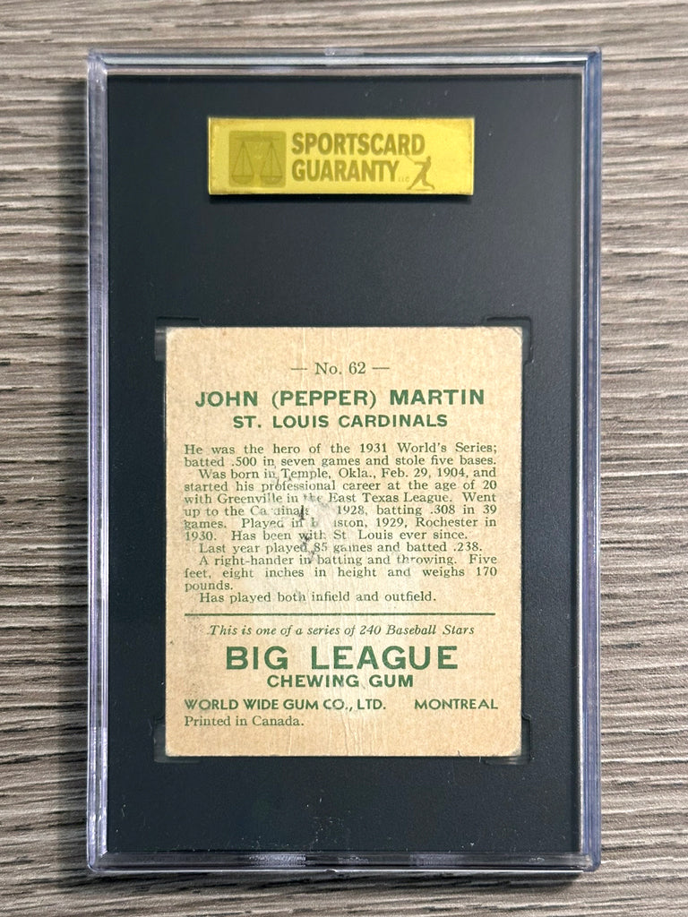 1933 World Wide Gum #62 Pepper Martin (Cardinals) - SGC 2