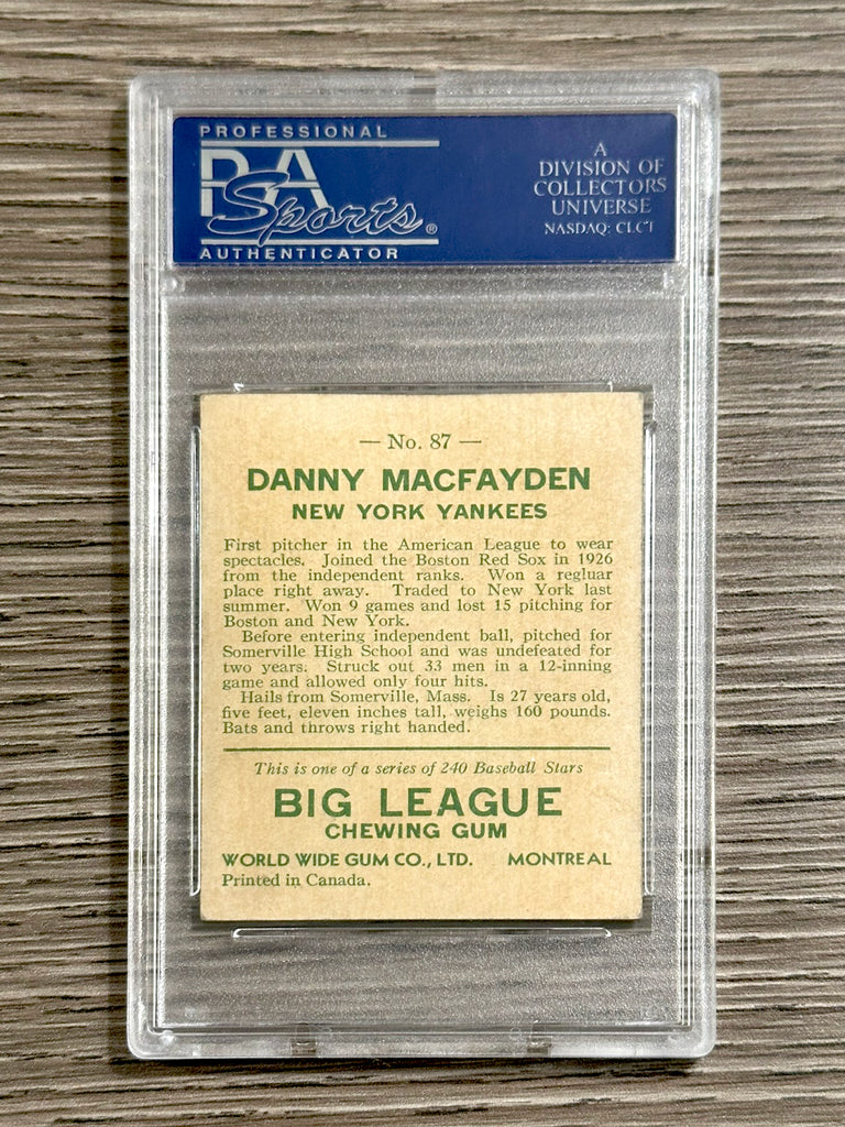 1933 World Wide Gum #87 Danny MacFayden (Yankees) - PSA 6