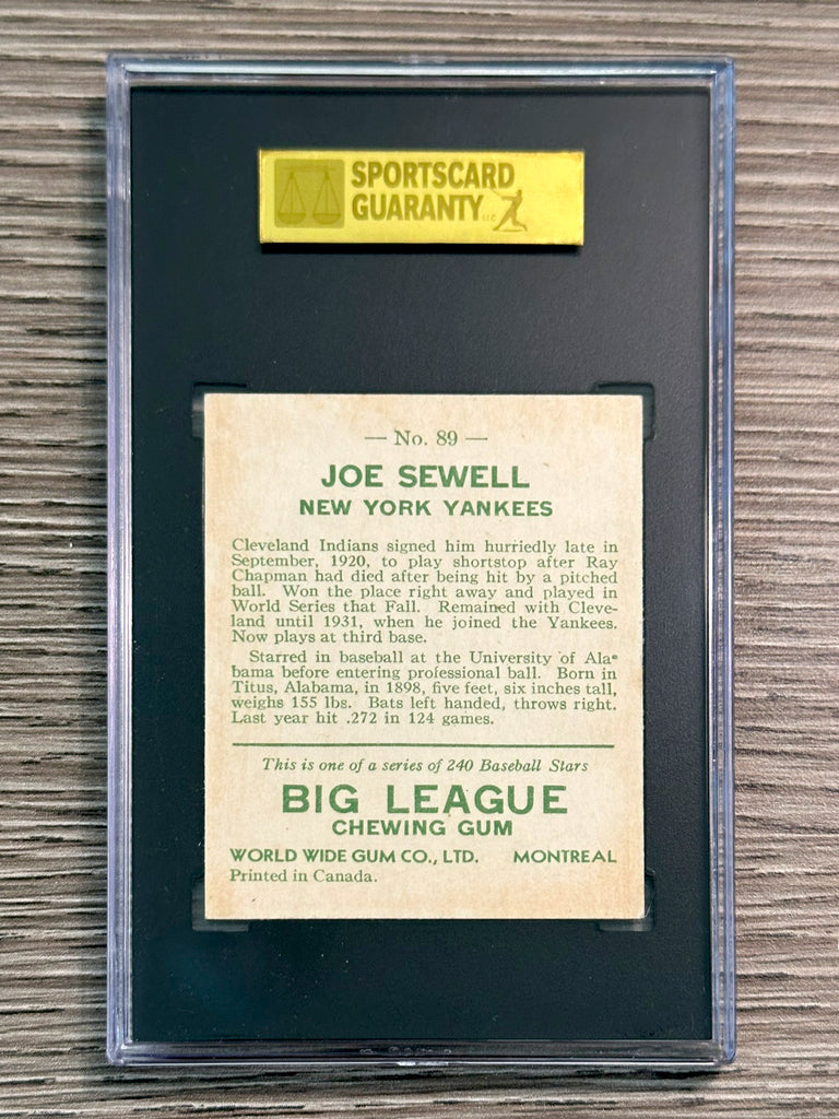 1933 World Wide Gum #89 Joe Sewell (Yankees) - SGC 5