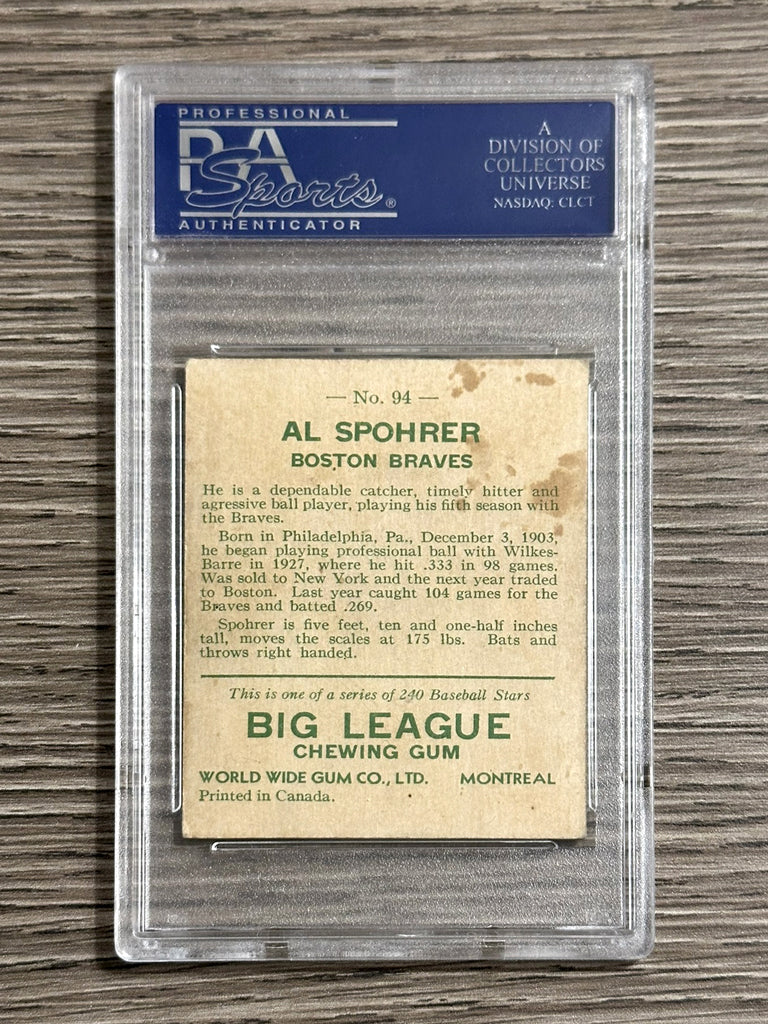 1933 World Wide Gum #94 Al Spohrer (Braves) - PSA 5