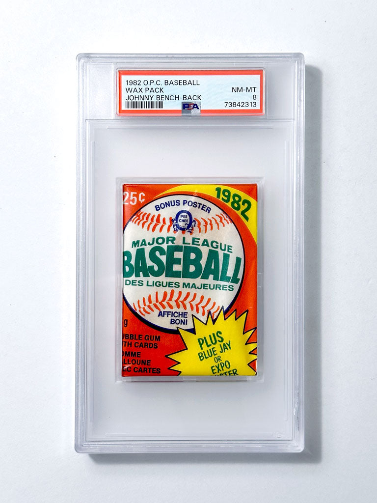1982 O-Pee-Chee Baseball Wax Pack (Johnny Bench on back) - PSA 8