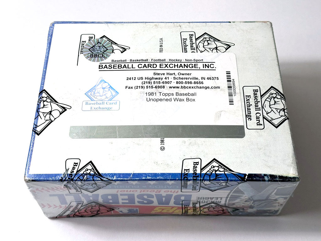 Baseball card exchange box with branding and contact information on a white background