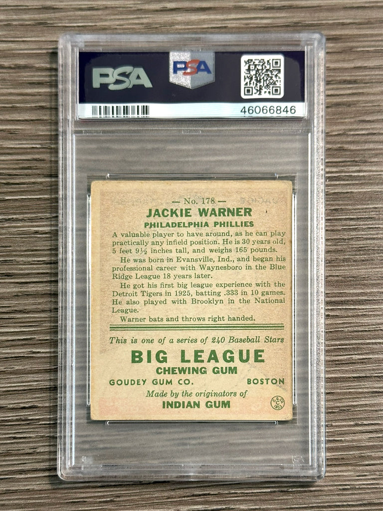 1933 Goudey #178 Jackie Warner (Phillies) - PSA 4