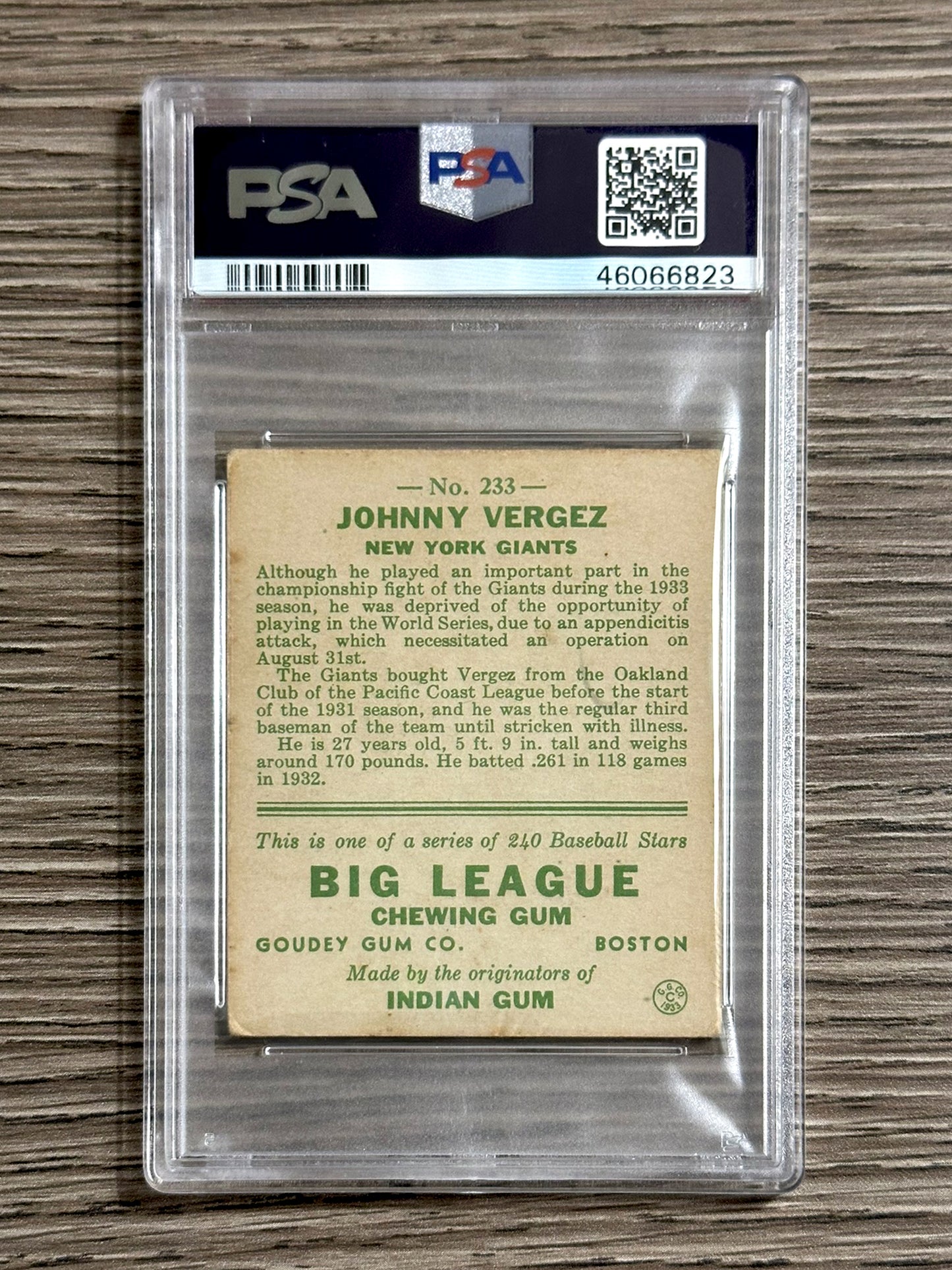 1933 Goudey #233 Johnny Vergez (Giants) - PSA 3.5